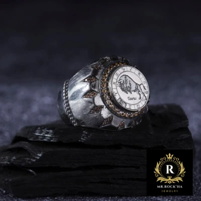 Seal of Taurus,Round Dome Shape,Brown Zircon Stone,925 Sterling Silver Men Ring - Image 1 of 4