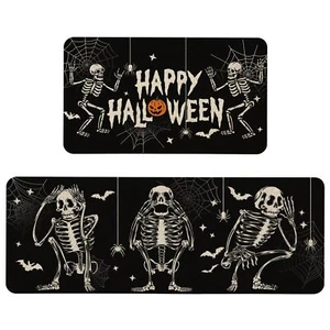 Halloweeen Skull Kitchen Rugs and Mats Set of 2 Halloween Skeleton Kitchen Ma... - Picture 1 of 7