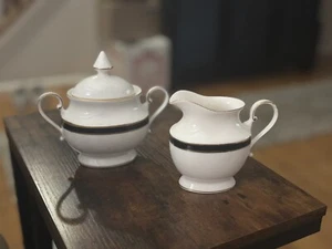 MIKASA Japan Petite Bone China 'Black Tie' Sugar Bowl & Creamer - Picture 1 of 2