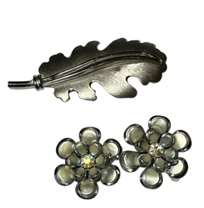 CORO Flower and Rhinestone Clip Earrings and Leaf Brooch 2 Pair Signed - Picture 1 of 4
