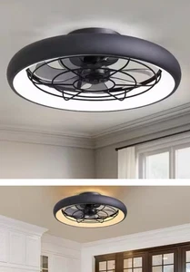 20 in. LED Indoor Black Low Profile Reversible Flush Mount Caged Ceiling Fan - Picture 1 of 2