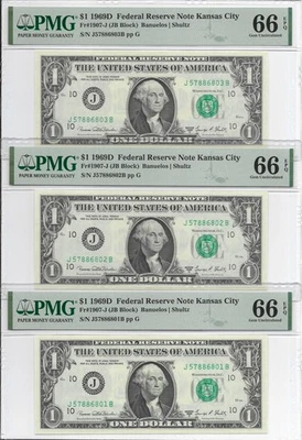 1969D $1 KANSAS CITY FRNs. 3 Consecutive PMG GEM Uncirculated 66 EPQ Banknotes. - Image 1 of 4