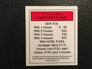 Monopoly   KENTUCKY AVE  Title Deed Card   Replacement Game Piece  Hasbro - Picture 1 of 3