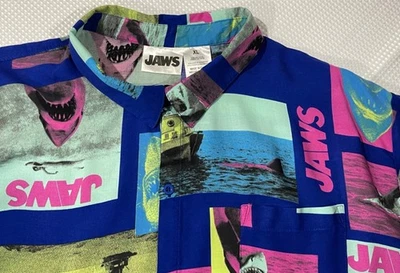 Jaws Shirt Mens XL Multi Color Button Up Hawaiian Camp Shark Movie Bigger Boat - Image 1 of 4