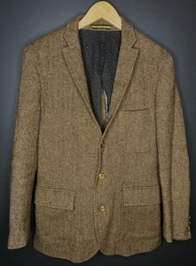 Ralph Lauren Rugby 36 Blazer Jacket RRL Polo Brown Herringbone Tweed XS Leather - Picture 1 of 11