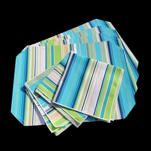 Set Of 4 Placemats Matching Napkins Blue Green Striped Cabana - Picture 1 of 9