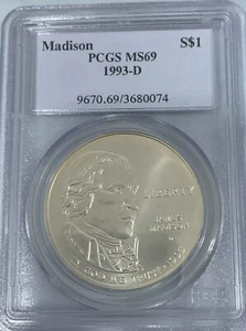 1993-D PCGS MS69 MADISON COMMEMORATIVE SILVER $1 DOLLAR 3680074 - Picture 1 of 2