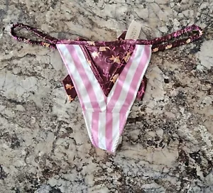 NWT Victoria's Secret SEXY LITTLE THINGS Satin Striped Bow L V-String Panties - Picture 1 of 7