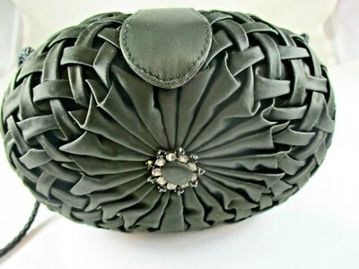 VINTAGE ROUCHED HARD SHELL BLACK SATIN AND RHINESTONE EVENING PURSE - Image 1 of 4