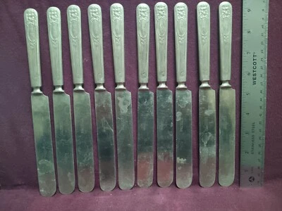 10pc Wm A. ROGERS NICKLE SILVER VIOLET SOLID HANDLE KNIVES 9 1/4" monogram PAA - Image 1 of 4