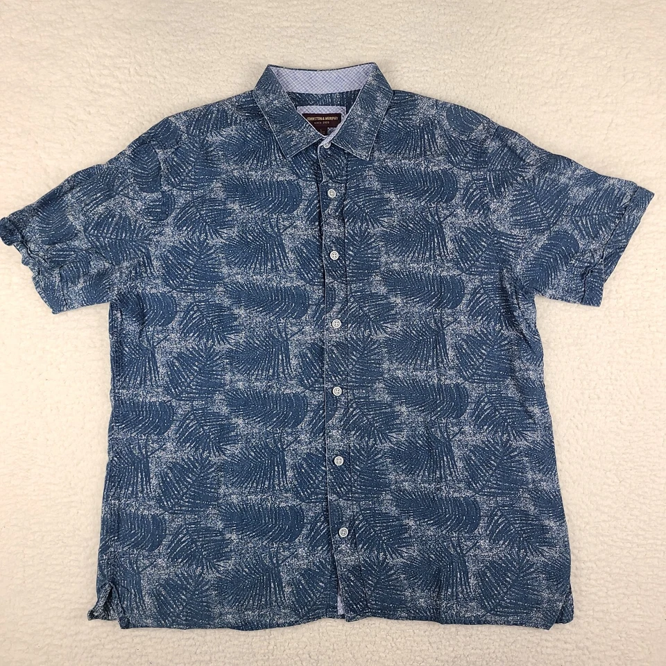 Johnston Murphy Dress Shirt Mens Large Blue Geometric Linen Hawaiian Button Up - Image 1 of 4