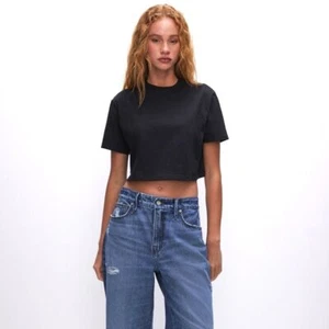 Good American Cotton Heritage Cropped Top Tee Crew Neck Short Sleeve Black 1/S - Picture 1 of 10