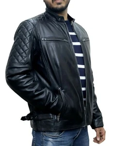 Herren echte Schaf-/Lammfell gesteppte Lederjacke handgefertigte Bikerjacke - Bild 1 von 4