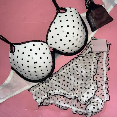 Victoria's Secret 36C BRA SET M ruffle BLACK WHITE polka Dot Flocked GORGEOUS - Image 1 of 4