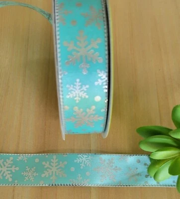 7/8 Inch (3 YD LOT) Silver Snowflake Teal Print Holiday Ribbon Hair bows Gifts - Image 1 of 2