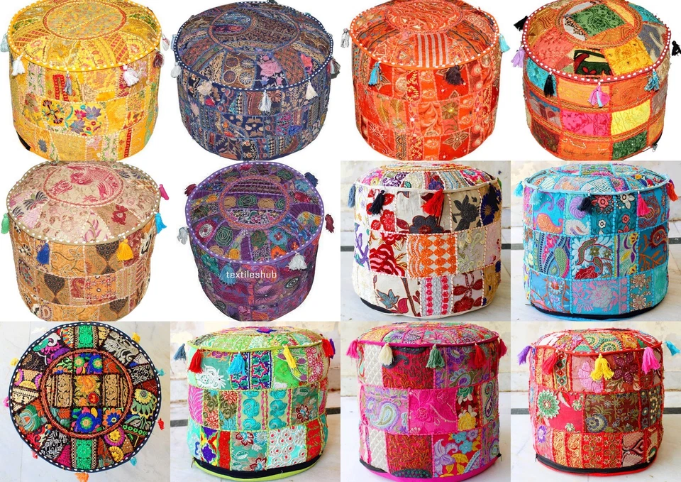 Indian Handmade Vintage Patchwork Cotton Ottoman Pouffe Cover Round Ethnic Decor - Image 1 of 1