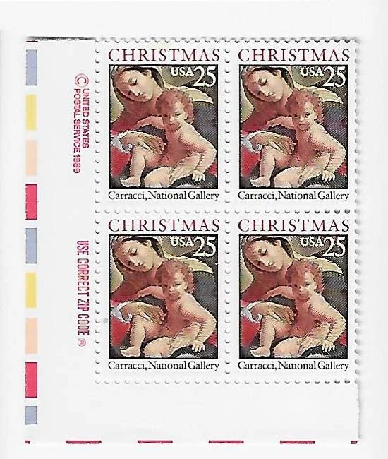 US Madonna and Child by Carracci 25c Stamp Zip Block of 4 Scott #2427 - Image 1 of 1