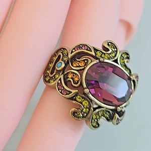 VINTAGE HEIDI DAUS FAUX AMETHYST  PURPLE RING SIZE 10 WITH PINK GREEN TURQUOISE - Picture 1 of 12