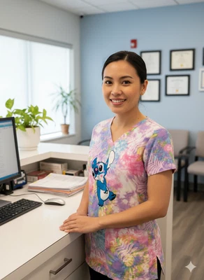 Lilo and Stitch Cherokee Scrubs Tooniforms Disney Pastel Tie-dye V Neck Top M - Image 1 of 4