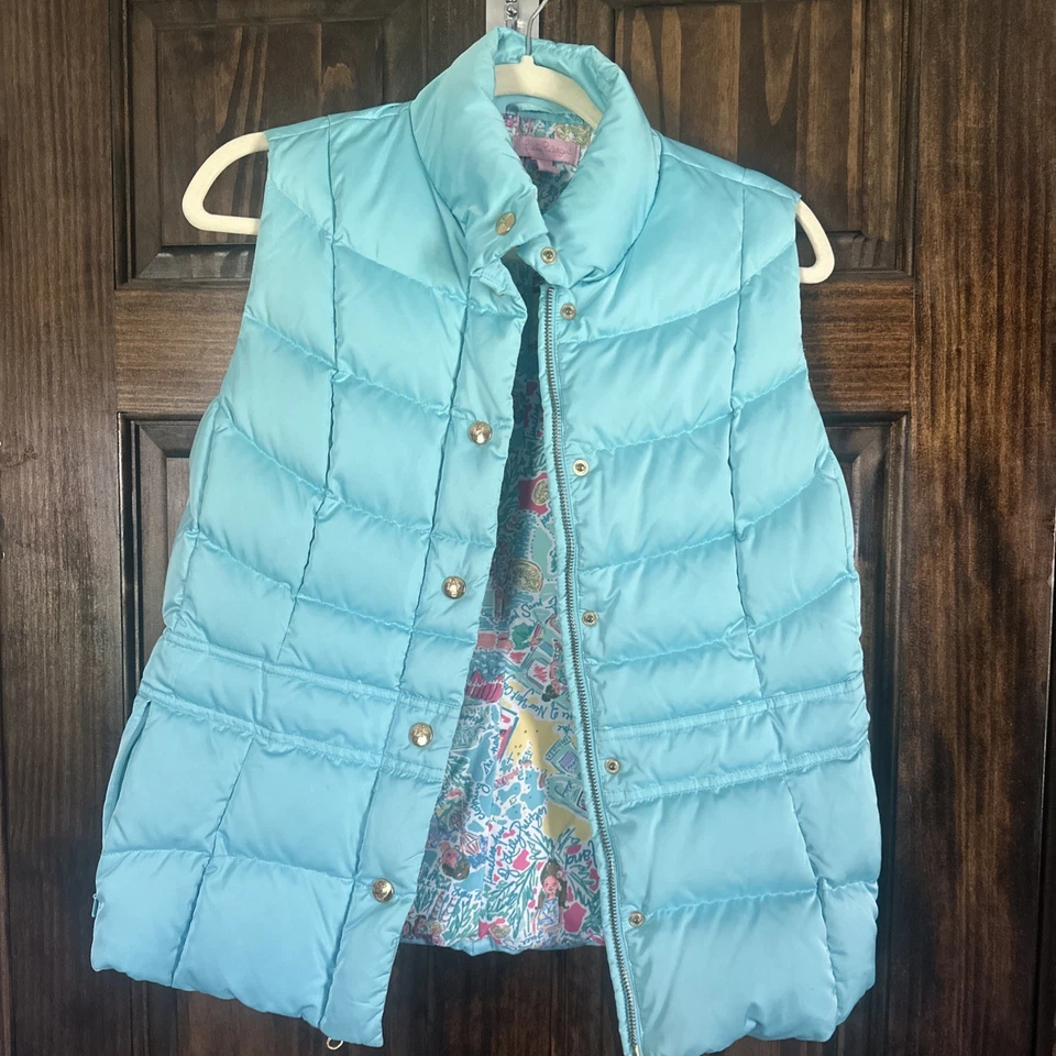 Chaleco acolchado de plumón Lilly Pulitzer Karin azul aguamarina invierno esquí mediano Foto 1 de 4