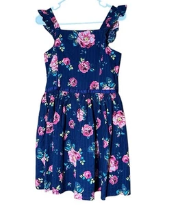 Zunie Girl’s Dress Size XL 14-16 Blue Floral Smocked Back Cotton Sundress Roses - Picture 1 of 7