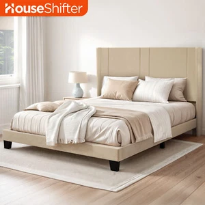 Beige Tall Upholstered Headboard Queen Metal Bed Frame Wood Slats Easy Setup - Picture 1 of 11