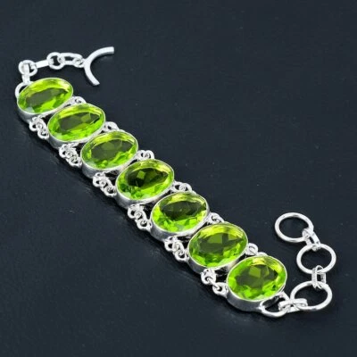 Pulseira de prata esterlina 925 peridoto feita à mão pedra preciosa para ela - Imagem 1 de 4