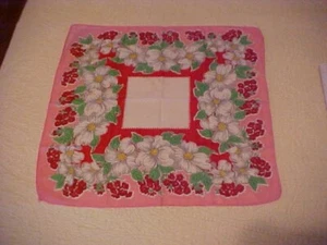 VTG Hanky w/ White Dogwood & Red Flowers Pink Border - Picture 1 of 4