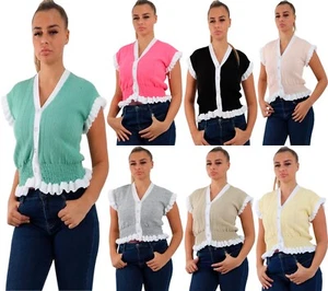 Womens Front Button Ruched Hem Knitted Short Cardigan Frilled Cable Tank Top - Picture 1 of 31