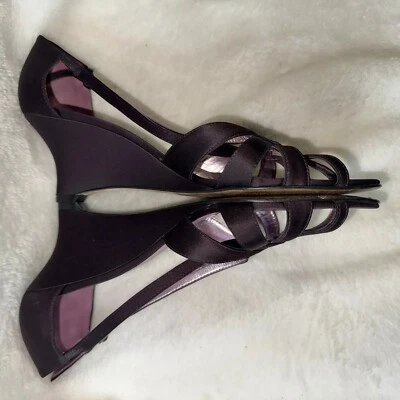 ANTONIO MELANI Wedge Platform Satin Sandal Size 7.5 Purple Strappy Open Toe Shoe - Image 1 of 4