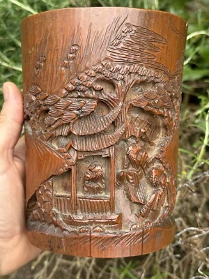 Ancien Pot à Pinceaux en Bambou Sculpté / Chine / Chinois / Asie - Photo 1/4