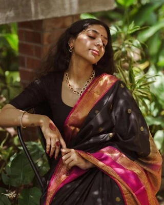 Saree feminino Banarasi puro macio Kanjivaram seda com blusa peça para casamento - Imagem 1 de 4