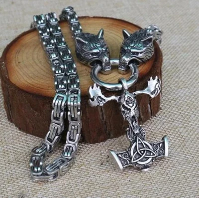🔥 Herren Edelstahl Wikinger Kette 🐺 Wolfskopf Mjölnir Thors Hammer Amulett ⛓️ - Bild 1 von 4