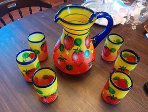 Jarra de vidrio mexicano soplado a mano pintada a mano con seis vasos limonada Margari - Imagen 1 de 11