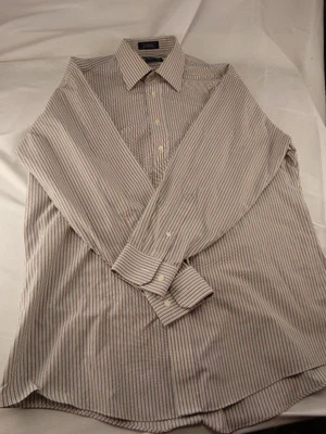 Camisa Mena Stafford Marrón Azul Blanco Rayas Abotonada Talla 17 17 1/2 Larga... Foto 1 de 3