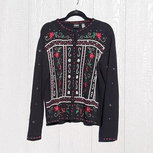 VINTAGE CHRISTMAS CARDIGAN SWEATER Womens Size XL Black Knit Red Poinsettias - Picture 1 of 10