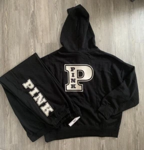 L NWT VICTORIA SECRET PINK Black Ivy Fleece Campus Full Zip Hoodie & Sweatpants - Picture 1 of 3