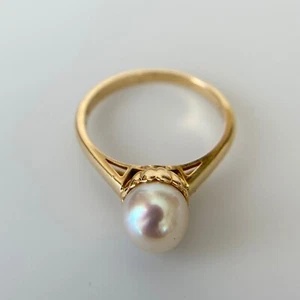14k Solid Yellow Gold Solitaire Pearl Band Ring Size 6 - Picture 1 of 10
