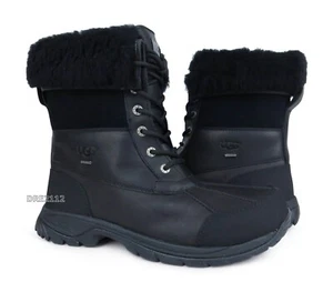 UGG Butte Black Waterproof Leather Fur Boots Mens Size 9 *NEW* - Picture 1 of 6