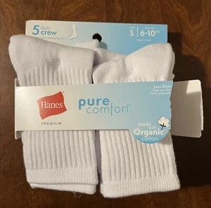 Hanes Premium Girls Pure Comfort White Crew Socks - S (6-10.5) - Picture 1 of 2