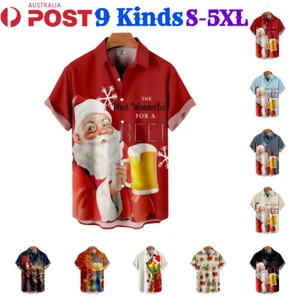 Men Christmas Xmas Short Sleeve Tee Shirt V-Neck Polo Santa 3D Hawaii Beach Tops - Picture 1 of 21