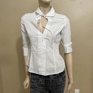 Women’s White Cotton Casual Glitter Tie 3/4 Sleeve Size M Blouse Top Shirt - Picture 1 of 12