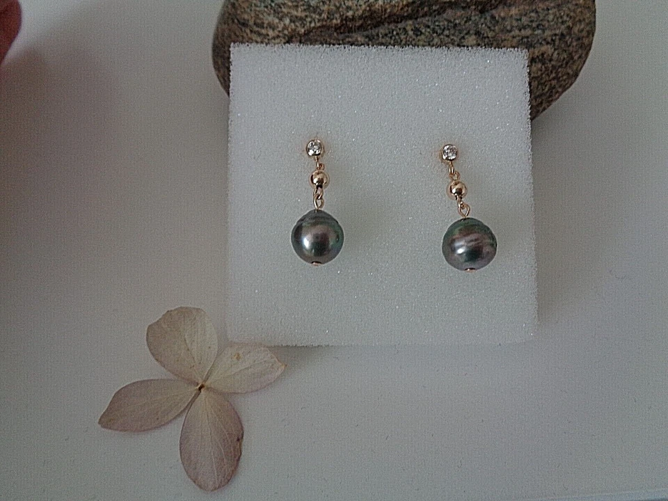 Gold Ohrringe Tahiti Perle, 14K Gold Filled, Zirkonia - Bild 1 von 3