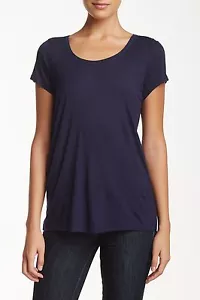 Vince Satin Contrast Short Sleeve Scoop Neck Tee Top navy Blue Med New $125 - Picture 1 of 2
