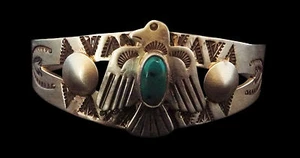 Matte Sterling Turquoise and Thunderbird Bracelet - Navajo Handmade - Picture 1 of 7
