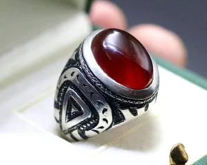 Red Agate Yemeni Aqeeq Men Ring 925 Sterling Silver Oval Cut Stone Oxidized - Picture 1 of 6