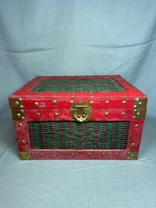 Red & Green Wood Wicker & Metal Storage Trunk 11x9x6" - Picture 1 of 11