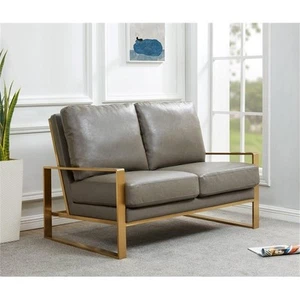 LeisureMod Jefferson Faux Leather Design Loveseat With Gold Frame Gray - Picture 1 of 7