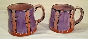 Pair Pearson Pottery Hand Made Coffee Mugs Trees Hearts - Picture 1 of 4