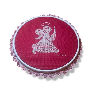 Vintage Angel Cross-Stitch Wall Art in Hoop Frame Red & White Christmas Décor - Picture 1 of 8